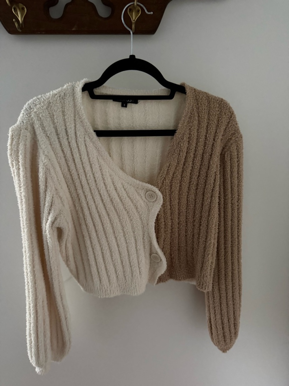 Papermoon Two-Tone Ribbed Button Cardigan - Cream & Tan